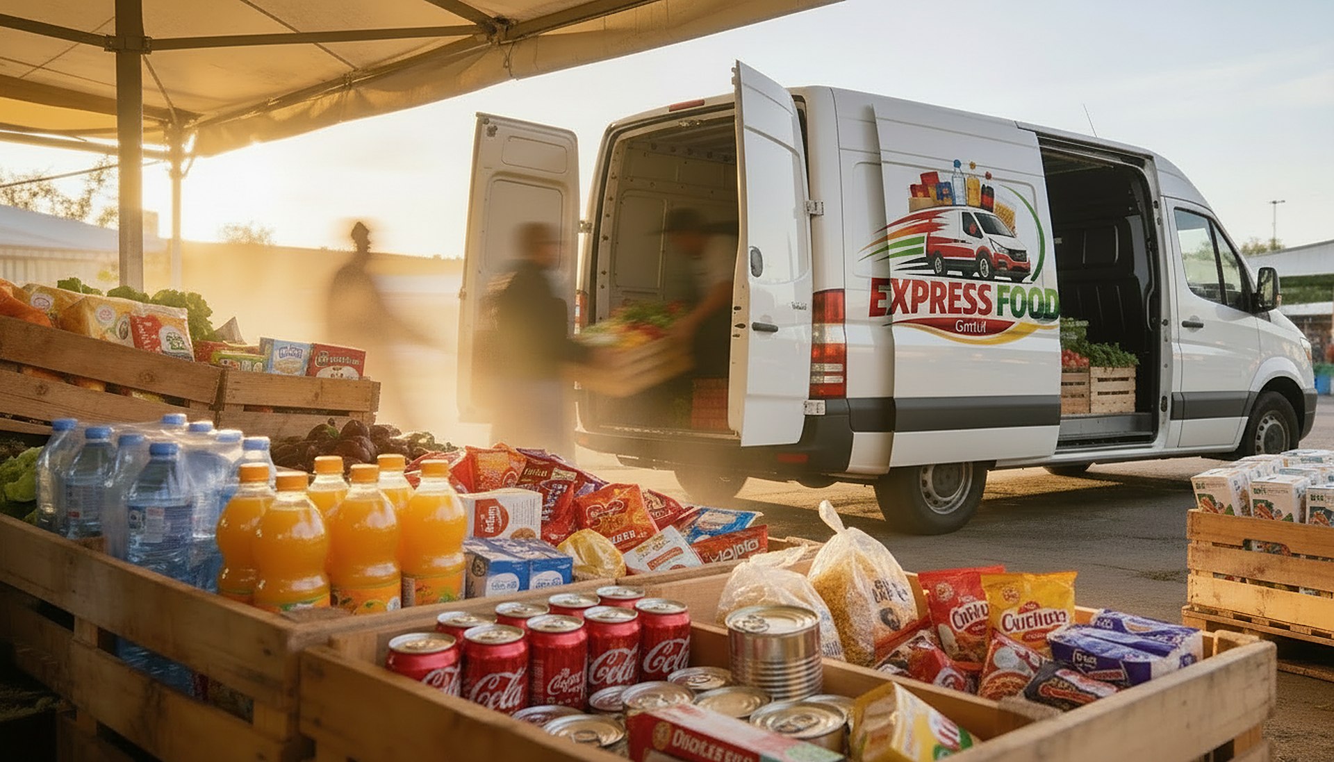 Lieferwagen von Express Food wird mit Lebensmitteln und Getränken beladen