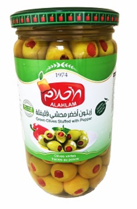 AL AHLAM GREEN OLIVES STUFFED WITH PEPPER 12X450GR