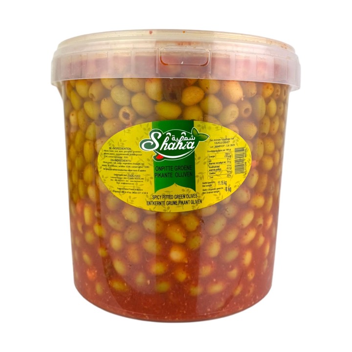 SHAHIA SPICY GREEN OLIVES WITHOUT PIT 11.15KG