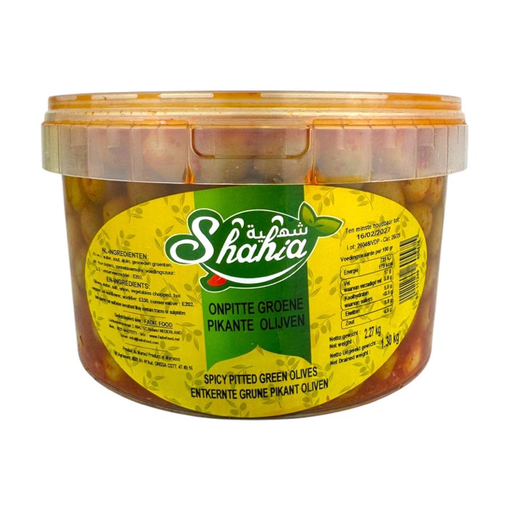 SHAHIA SPICY GREEN OLIVES WITHOUT PIT 2,27KG
